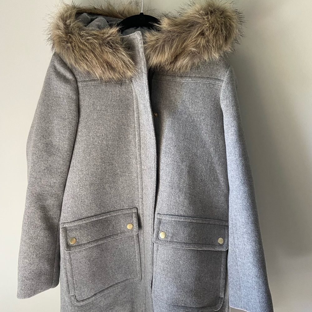 J. Crew Light Gray Wool Blend Coat with Faux Fur Trimmed Hood